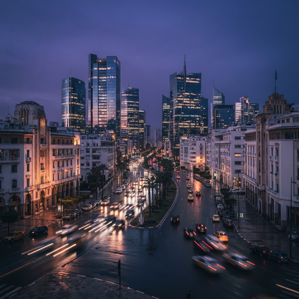 Skyline de Casablanca au crépuscule, quartier d’affaires et front de mer