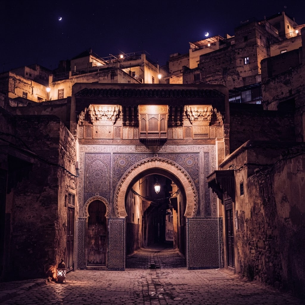 Médina de Fès et toits traditionnels en lumière dorée