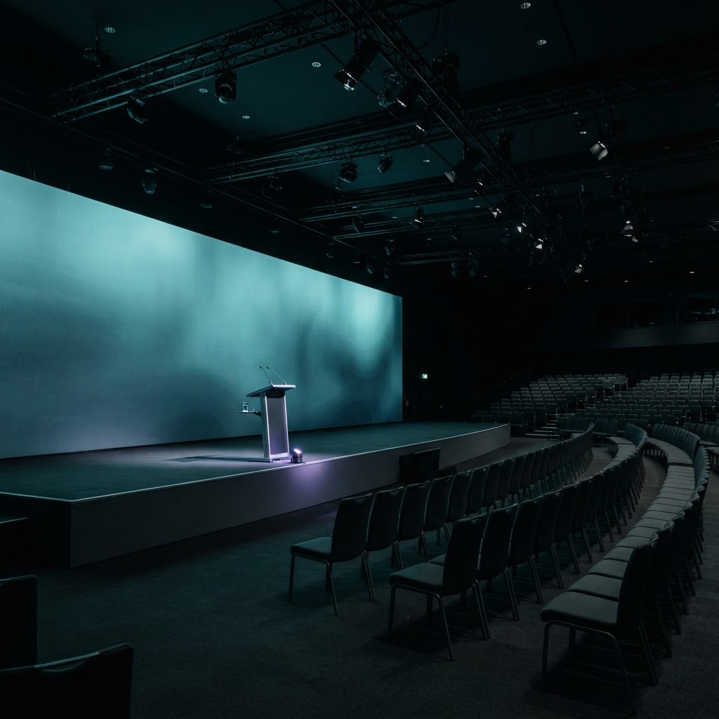 Convention d’entreprise dans une salle plénière au Maroc, scène et écran panoramique