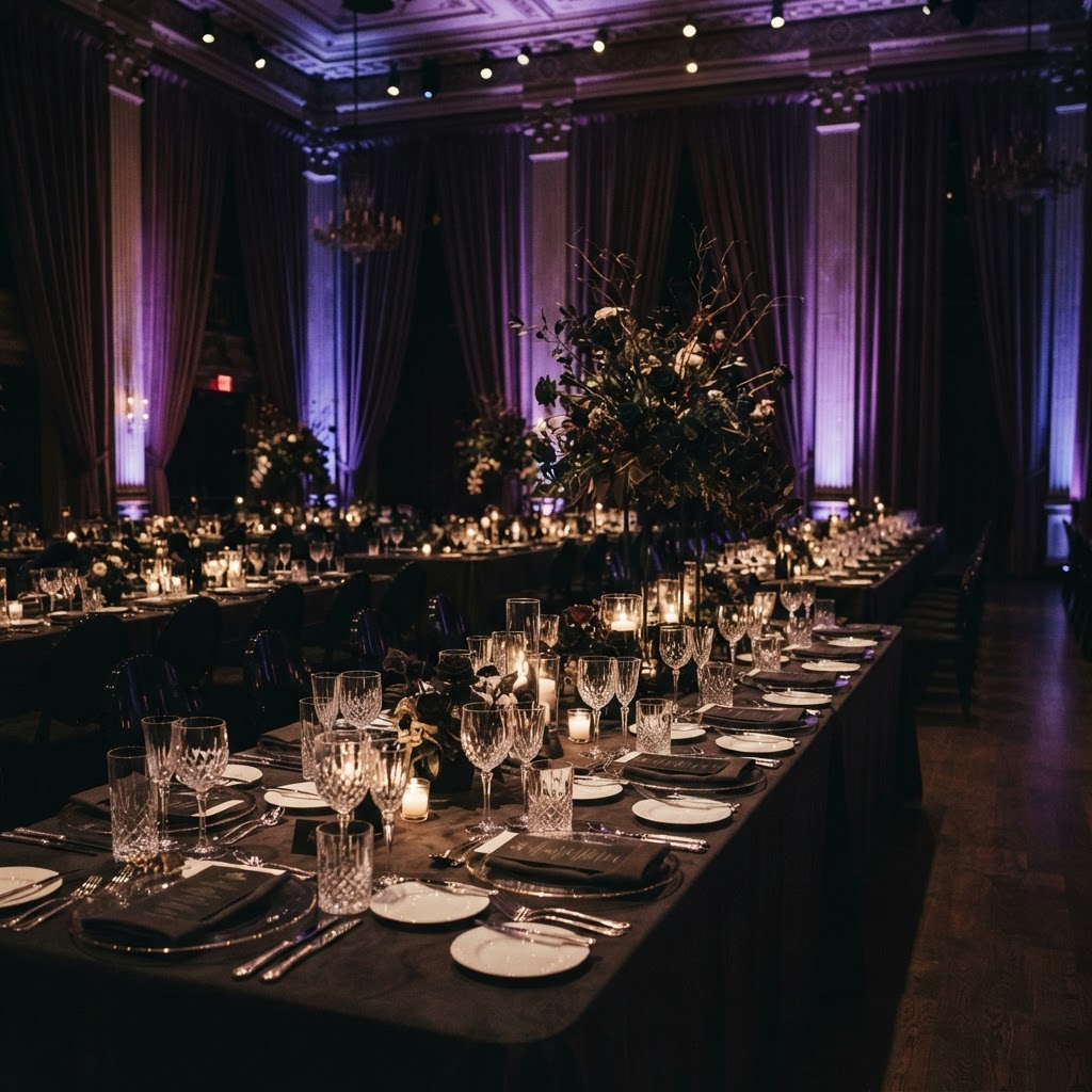 Dîner de gala premium avec tables dressées et éclairage cinématographique